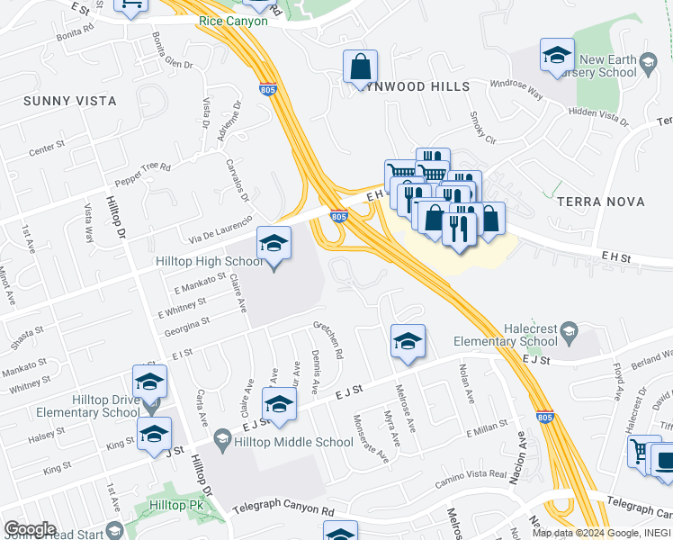 map of restaurants, bars, coffee shops, grocery stores, and more near 600 Sheffield Court in Chula Vista