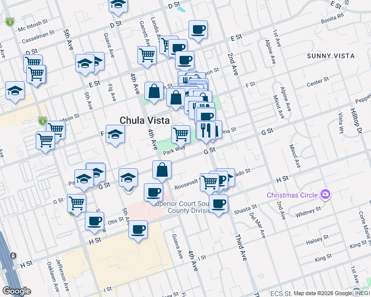 map of restaurants, bars, coffee shops, grocery stores, and more near 348 Park Way in Chula Vista