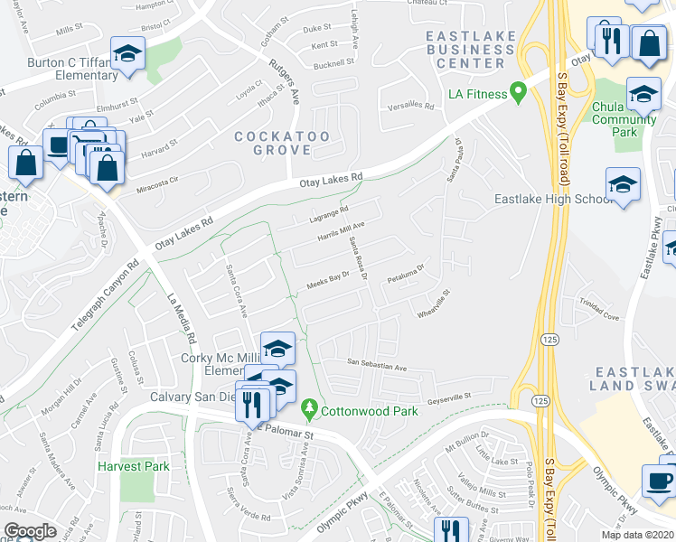 map of restaurants, bars, coffee shops, grocery stores, and more near 1875 Meeks Bay Drive in Chula Vista