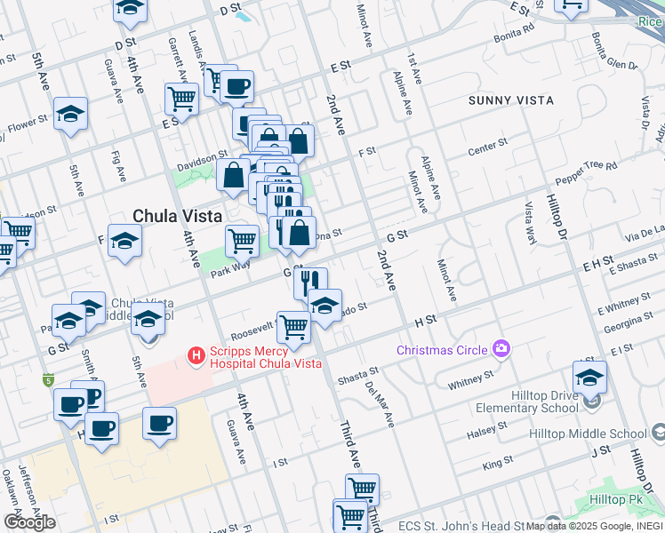 map of restaurants, bars, coffee shops, grocery stores, and more near 250 G Street in Chula Vista