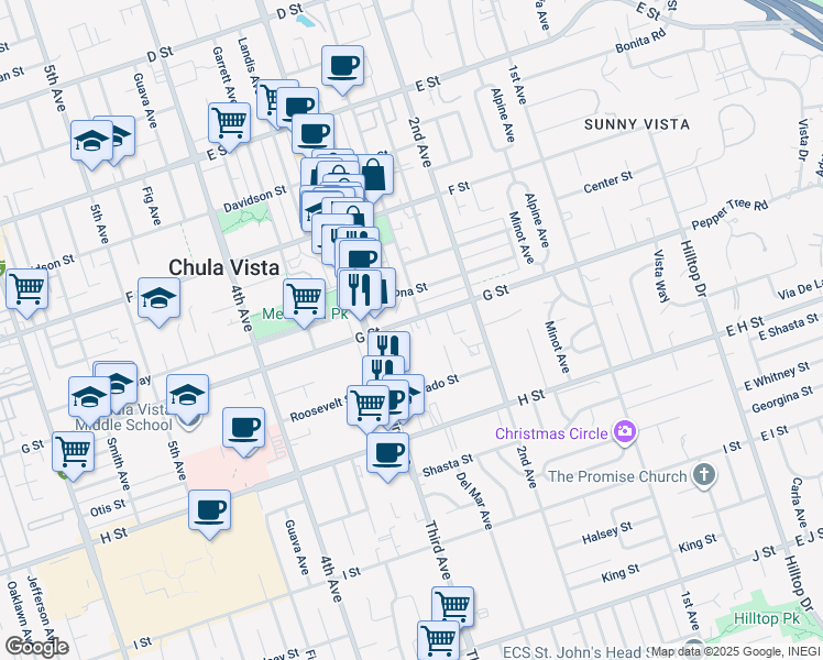 map of restaurants, bars, coffee shops, grocery stores, and more near 250 G Street in Chula Vista