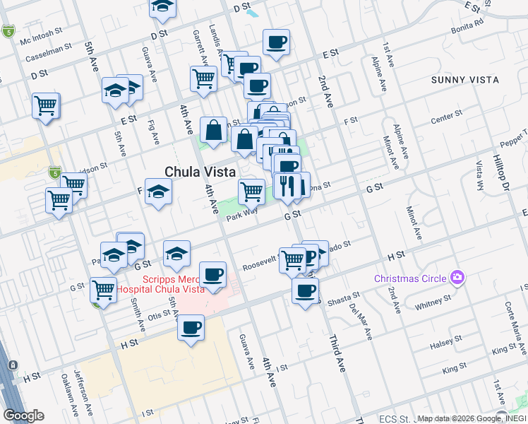 map of restaurants, bars, coffee shops, grocery stores, and more near 348 Park Way in Chula Vista