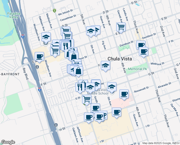 map of restaurants, bars, coffee shops, grocery stores, and more near 293 Beech Avenue in Chula Vista