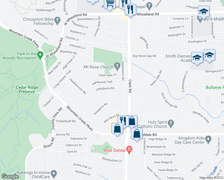 map of restaurants, bars, coffee shops, grocery stores, and more near 7115 Chinaberry Road in Dallas