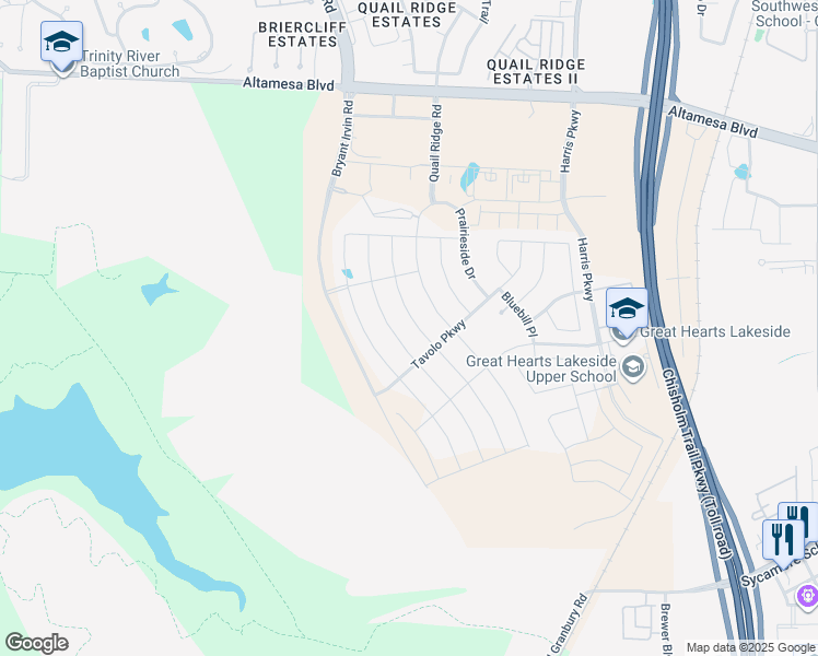 map of restaurants, bars, coffee shops, grocery stores, and more near 7532 Winterbloom Way in Fort Worth