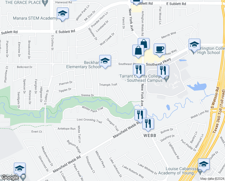 map of restaurants, bars, coffee shops, grocery stores, and more near 6706 Prairie Fire Road in Arlington
