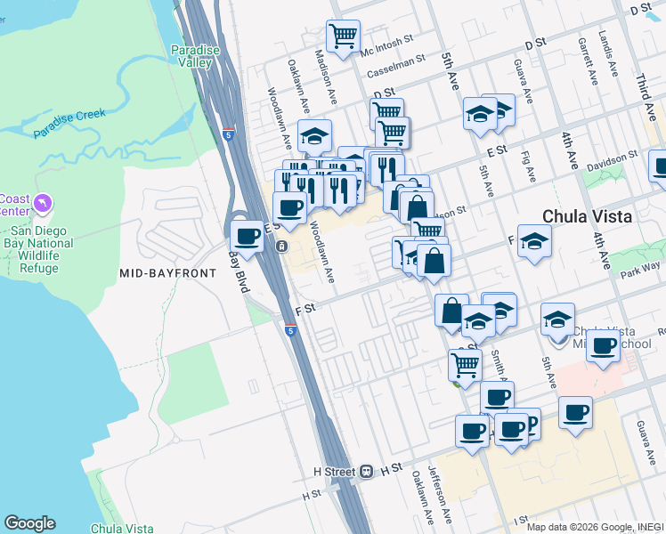 map of restaurants, bars, coffee shops, grocery stores, and more near 265 Woodlawn Avenue in Chula Vista