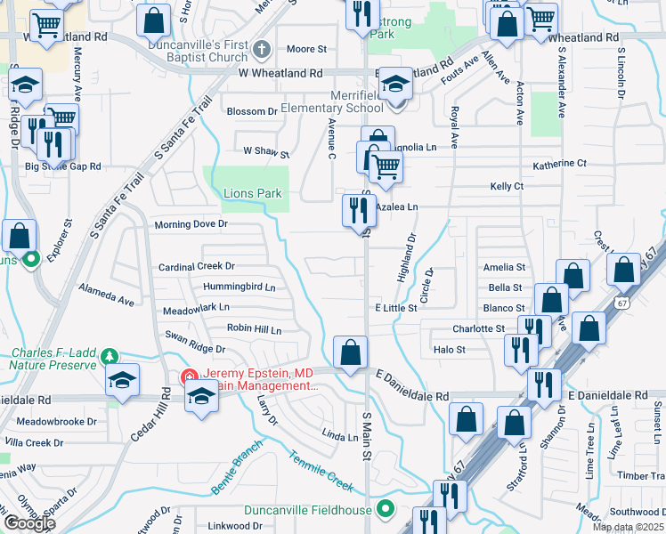 map of restaurants, bars, coffee shops, grocery stores, and more near 222 Main Park Lane in Duncanville
