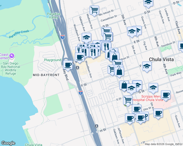 map of restaurants, bars, coffee shops, grocery stores, and more near 265 Woodlawn Avenue in Chula Vista