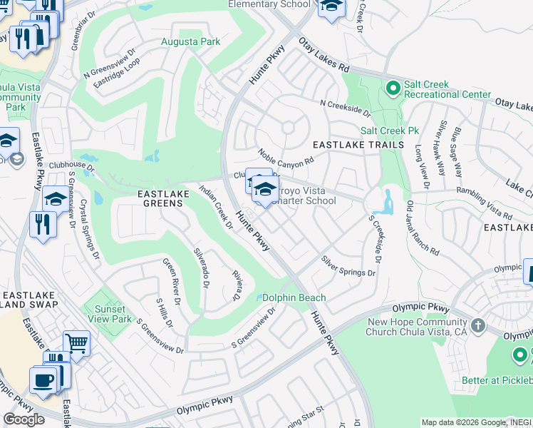 map of restaurants, bars, coffee shops, grocery stores, and more near 1308 Thunder Springs Drive in Chula Vista
