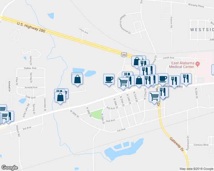 map of restaurants, bars, coffee shops, grocery stores, and more near 501 North 26th Street in Opelika