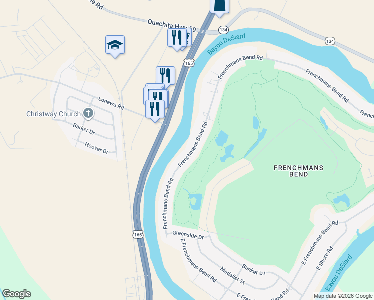 map of restaurants, bars, coffee shops, grocery stores, and more near 1433 Frenchmans Bend Rd in Monroe