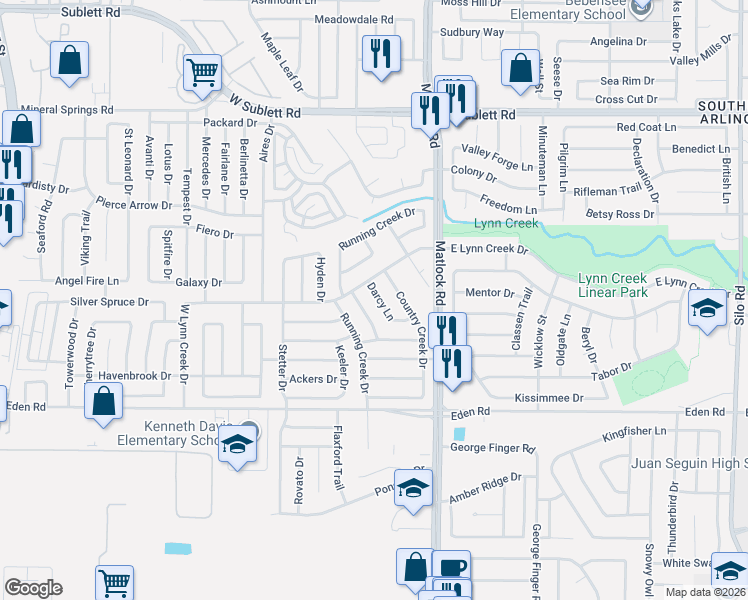 map of restaurants, bars, coffee shops, grocery stores, and more near 6504 Country Creek Drive in Arlington