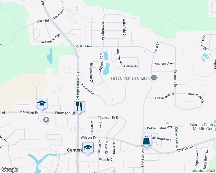 map of restaurants, bars, coffee shops, grocery stores, and more near 500-598 South Cambridge Drive in Warner Robins