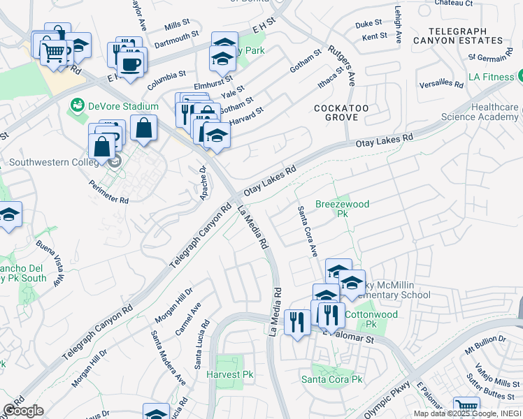 map of restaurants, bars, coffee shops, grocery stores, and more near 711 La Media Road in Chula Vista