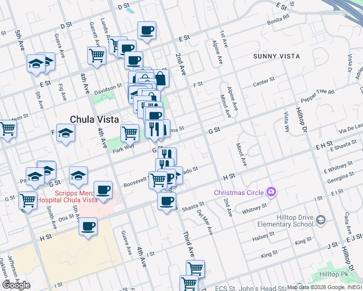 map of restaurants, bars, coffee shops, grocery stores, and more near 250 G Street in Chula Vista