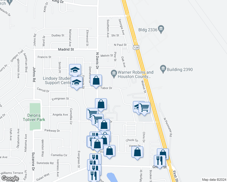 map of restaurants, bars, coffee shops, grocery stores, and more near 122 Tabor Drive in Warner Robins
