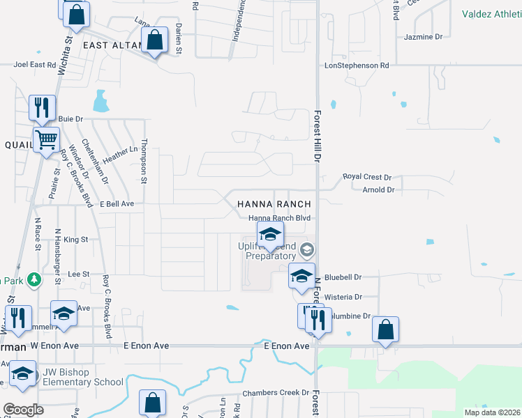 map of restaurants, bars, coffee shops, grocery stores, and more near 3141 Evangeline Road in Fort Worth