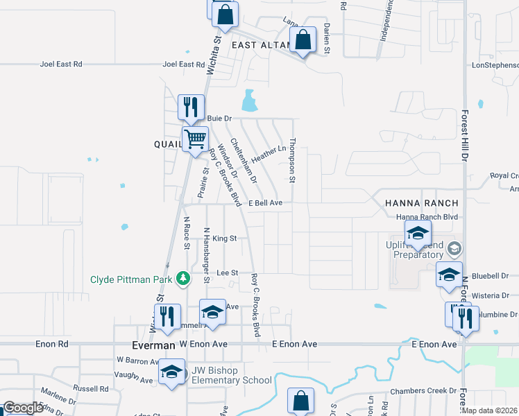 map of restaurants, bars, coffee shops, grocery stores, and more near 601 Cheltenham Drive in Fort Worth