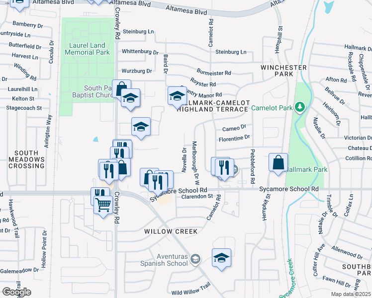 map of restaurants, bars, coffee shops, grocery stores, and more near 7419 Novella Drive in Fort Worth