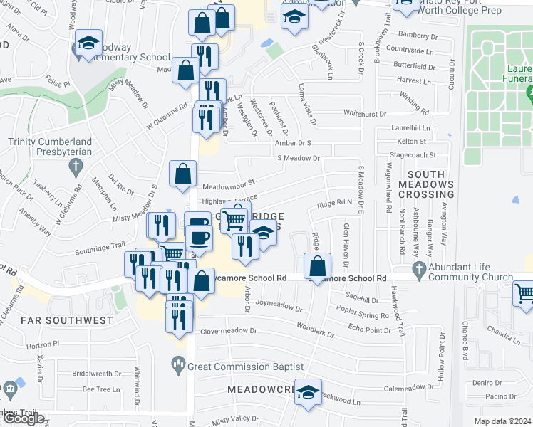 map of restaurants, bars, coffee shops, grocery stores, and more near 3115 Green Ridge Street in Fort Worth