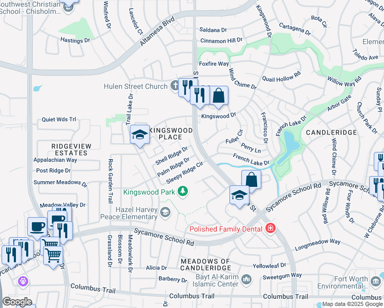 map of restaurants, bars, coffee shops, grocery stores, and more near 4605 Shell Ridge Drive in Fort Worth