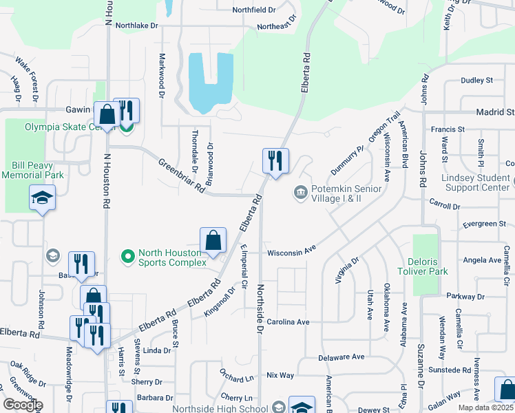 map of restaurants, bars, coffee shops, grocery stores, and more near 521 Elberta Road in Warner Robins