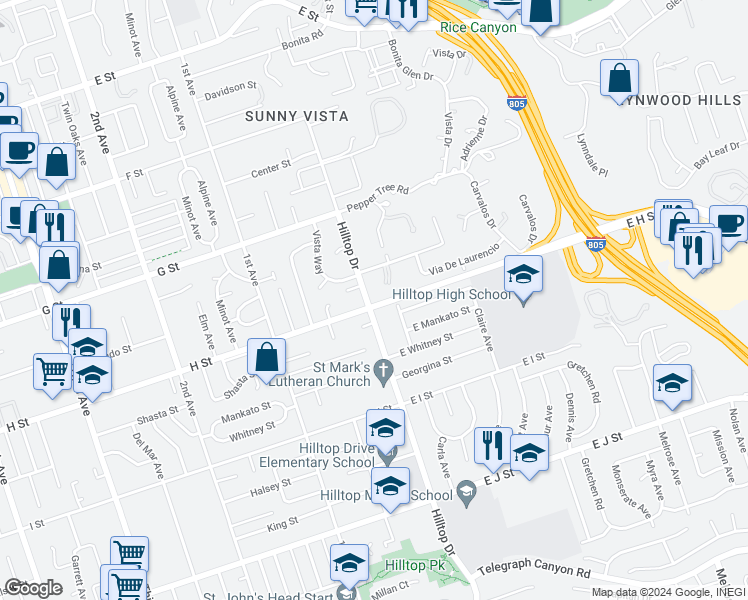 map of restaurants, bars, coffee shops, grocery stores, and more near 499 Hilltop Drive in Chula Vista