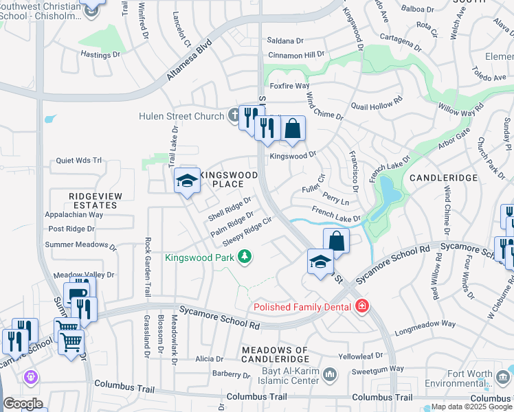 map of restaurants, bars, coffee shops, grocery stores, and more near 4605 Shell Ridge Drive in Fort Worth