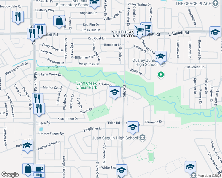 map of restaurants, bars, coffee shops, grocery stores, and more near 611 East Lynn Creek Drive in Arlington