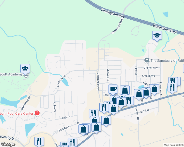 map of restaurants, bars, coffee shops, grocery stores, and more near 3855 Academy Drive in Opelika