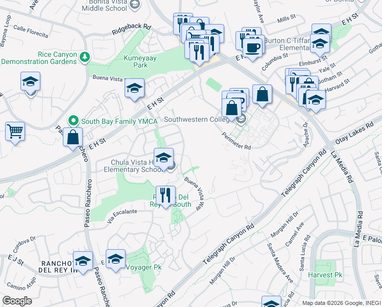 map of restaurants, bars, coffee shops, grocery stores, and more near 1387 Don Carlos Court in Chula Vista