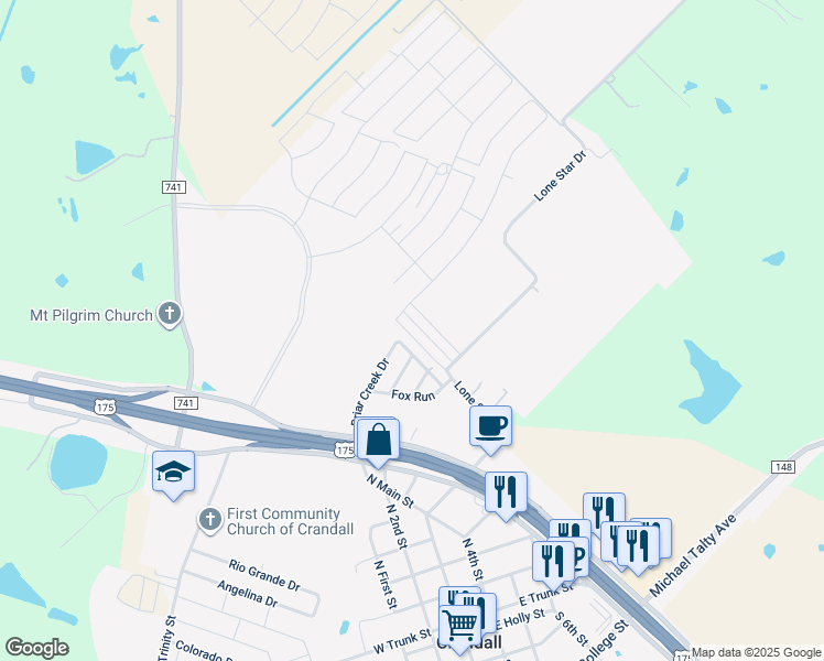 map of restaurants, bars, coffee shops, grocery stores, and more near 119 Amy Drive in Crandall