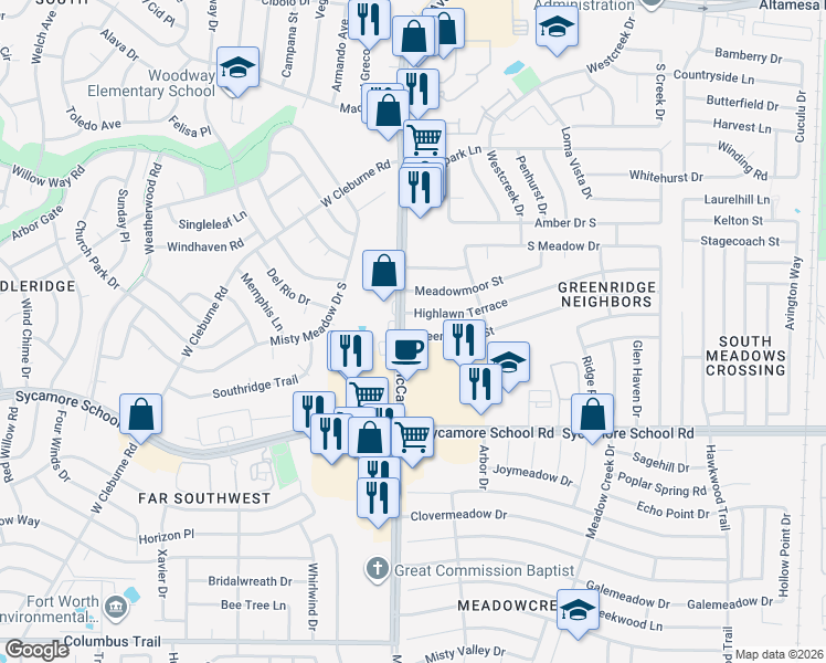 map of restaurants, bars, coffee shops, grocery stores, and more near 3425 Highlawn Terrace in Fort Worth