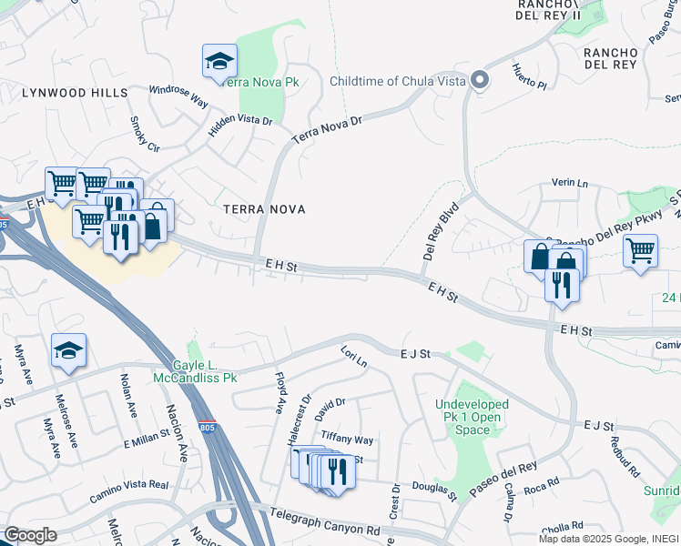 map of restaurants, bars, coffee shops, grocery stores, and more near 550 East H Street in Chula Vista