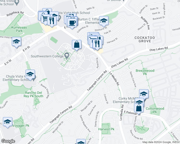 map of restaurants, bars, coffee shops, grocery stores, and more near 1535 Apache Drive in Chula Vista