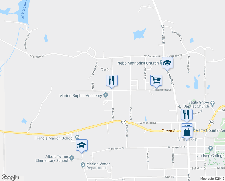 map of restaurants, bars, coffee shops, grocery stores, and more near Eutaw Street in Marion