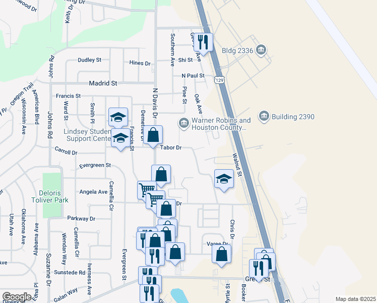 map of restaurants, bars, coffee shops, grocery stores, and more near 122 Tabor Drive in Warner Robins