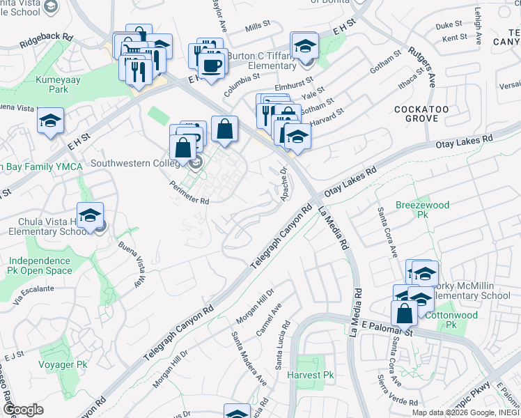 map of restaurants, bars, coffee shops, grocery stores, and more near 1537 Apache Drive in Chula Vista