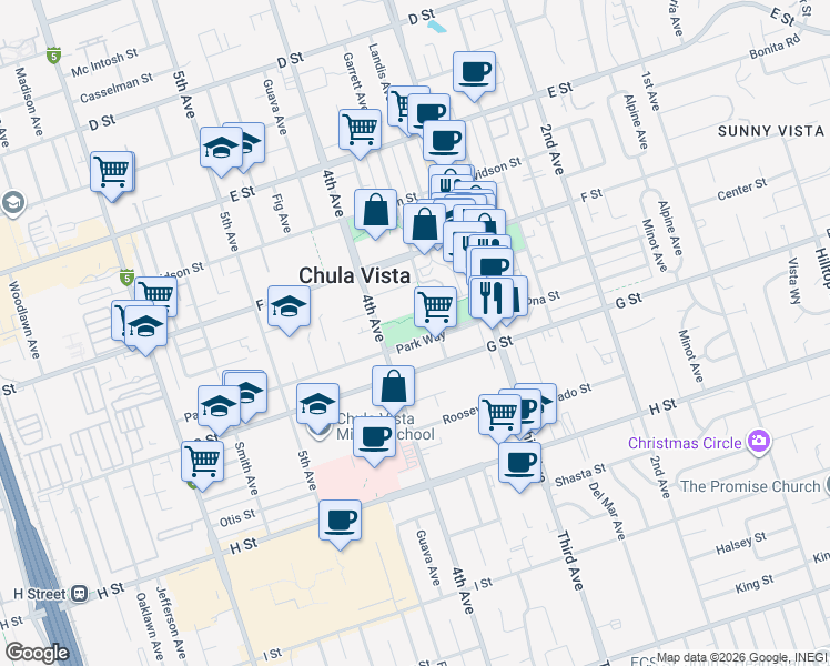map of restaurants, bars, coffee shops, grocery stores, and more near 373 Park Way in Chula Vista