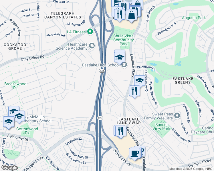 map of restaurants, bars, coffee shops, grocery stores, and more near 1101 Latigo Cove in Chula Vista