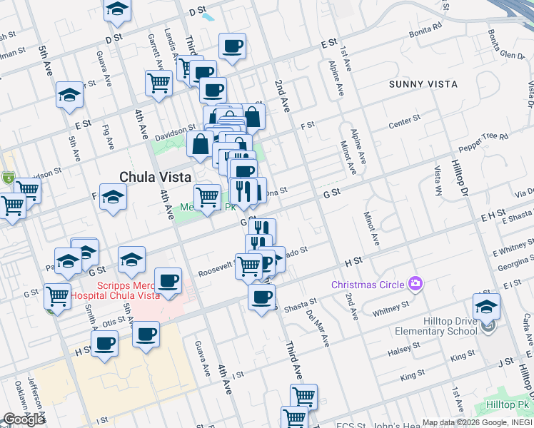 map of restaurants, bars, coffee shops, grocery stores, and more near 287 G Street in Chula Vista