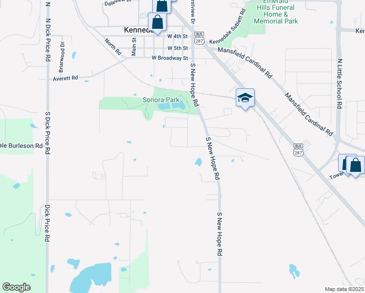map of restaurants, bars, coffee shops, grocery stores, and more near 250 South New Hope Road in Kennedale