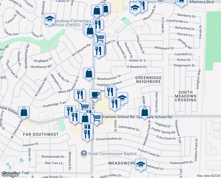 map of restaurants, bars, coffee shops, grocery stores, and more near 3300 Green Ridge Street in Fort Worth