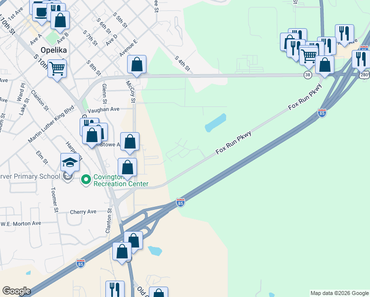map of restaurants, bars, coffee shops, grocery stores, and more near 1650 South Fox Run Parkway in Opelika