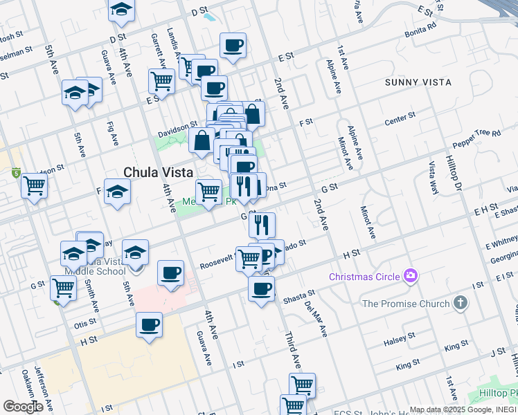 map of restaurants, bars, coffee shops, grocery stores, and more near 287 G Street in Chula Vista