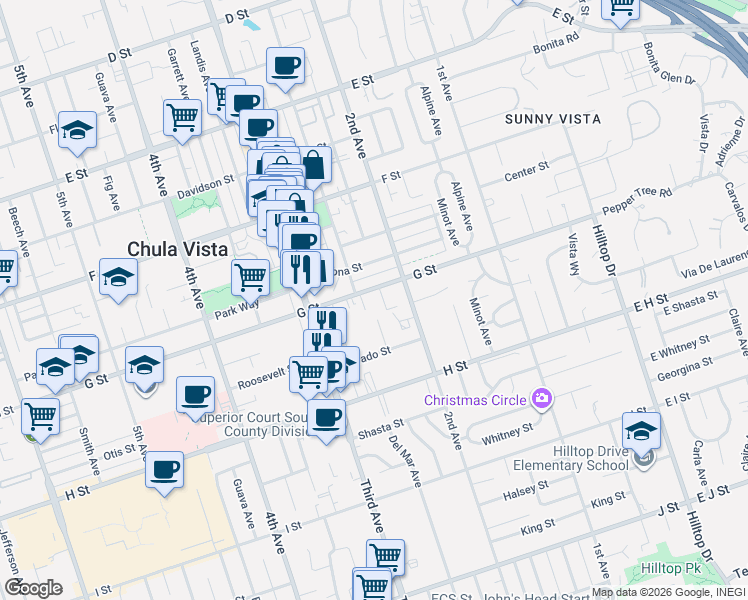 map of restaurants, bars, coffee shops, grocery stores, and more near 222 G Street in Chula Vista