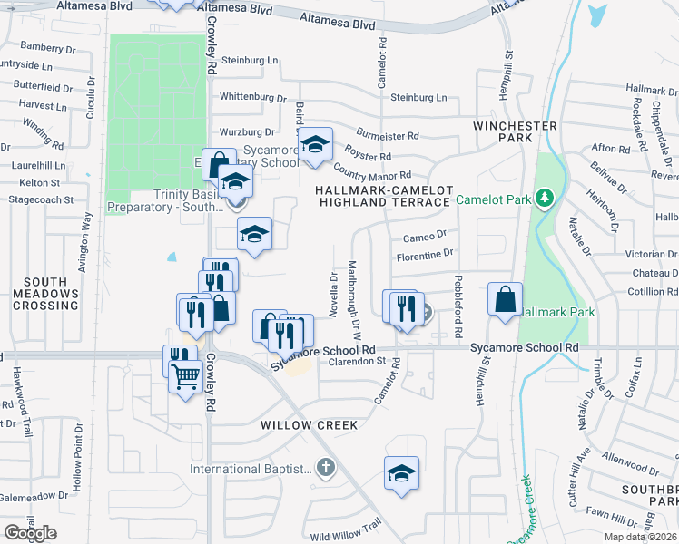 map of restaurants, bars, coffee shops, grocery stores, and more near 7419 Novella Drive in Fort Worth