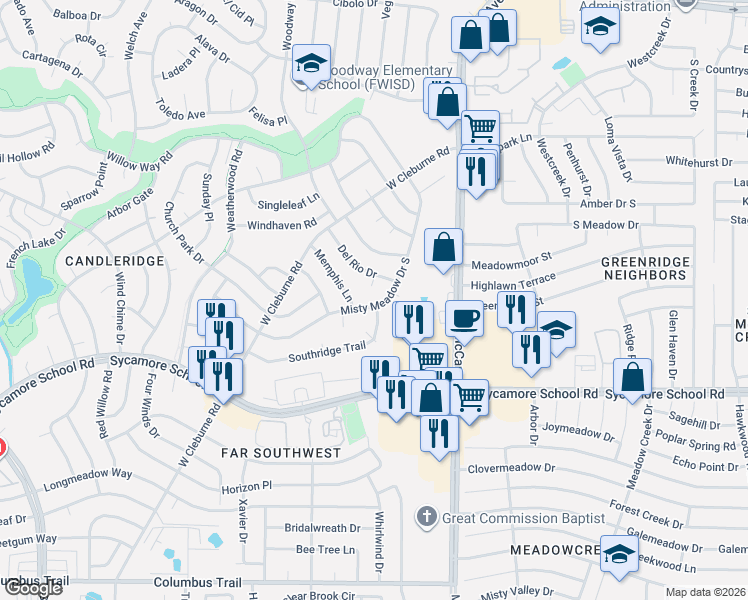 map of restaurants, bars, coffee shops, grocery stores, and more near 3708 Memphis Lane in Fort Worth