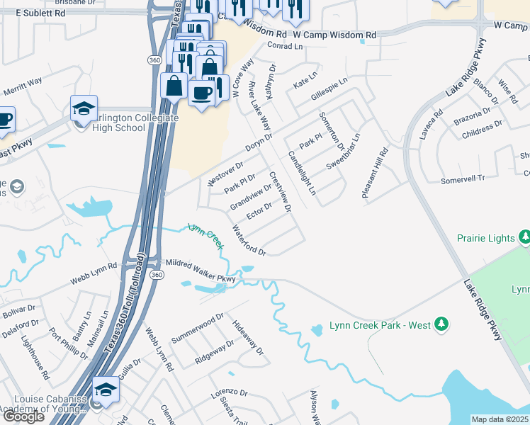 map of restaurants, bars, coffee shops, grocery stores, and more near 2827 Ector Drive in Grand Prairie